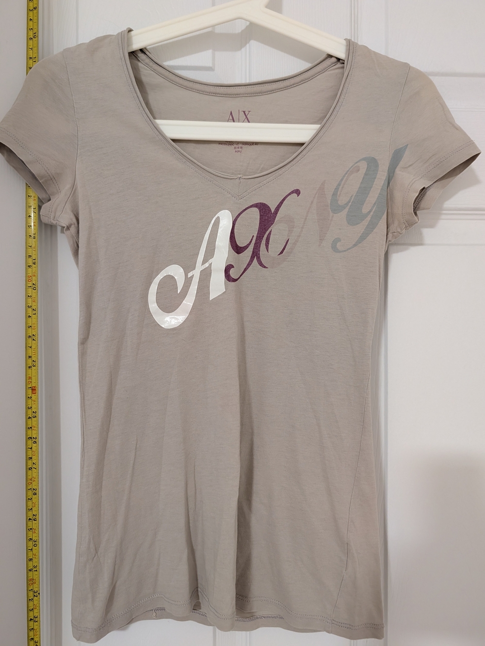 A/X Armani Exchange Short Sleeve V-Neck Tee with Metallic Script